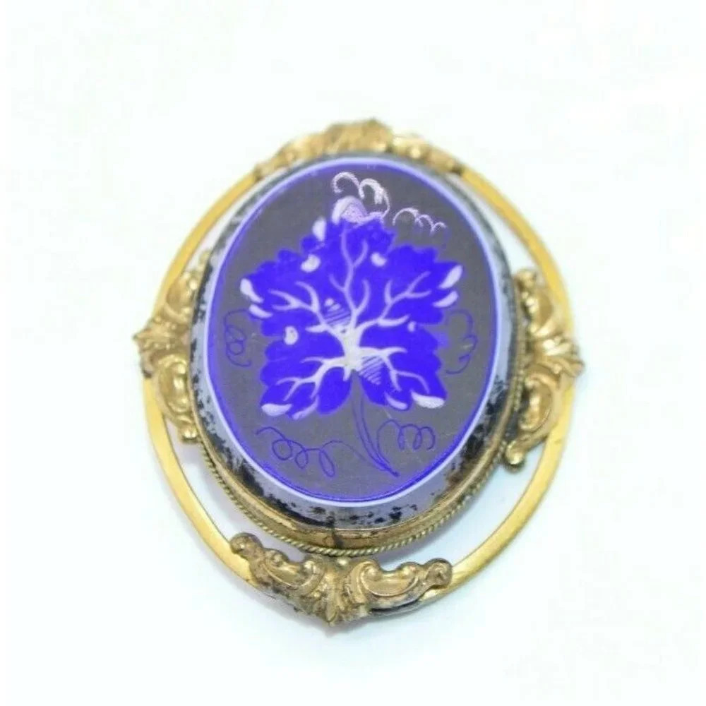 Victorian Gold Filled Blue White Glass Hand Painte